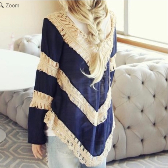 Umgee Navy Cream Crochet Gypsy Boho Coachella Chic Tunic Blouse Long Sleeve M - Picture 15 of 16